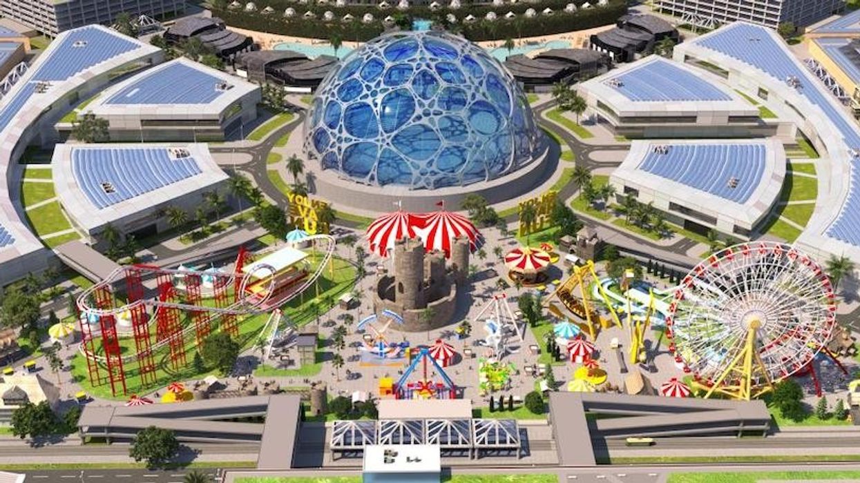 Colorful amusement park with roller coasters, Ferris wheel, and a dome structure at the center.