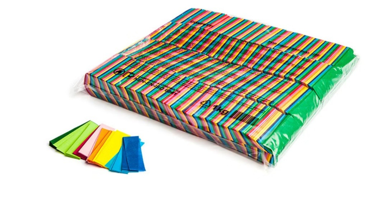 Colorful biodegradable flame retardent confetti in packaging with TUV and Soil certification logos.