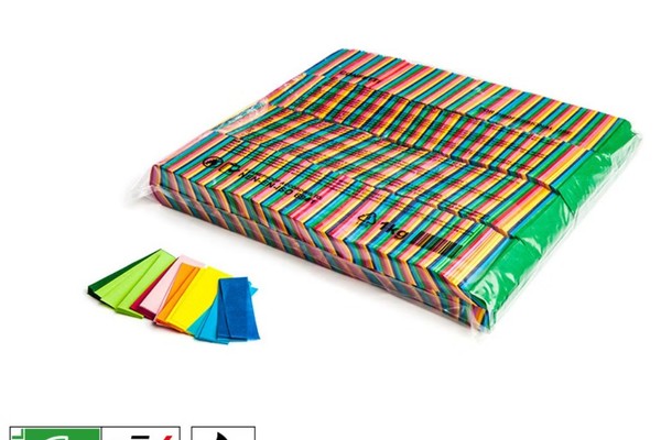 Colorful biodegradable flame retardent confetti in packaging with TUV and Soil certification logos.