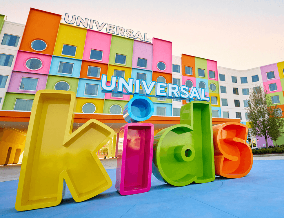 Colorful building with large "Universal Kids" letters in front at Universal Kids Resort in Texas