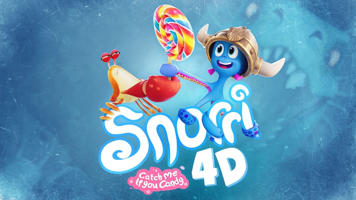 Colorful cartoon creature holding lollipop with a snail; text reads "Snorri 4D: Catch Me If You Candy."