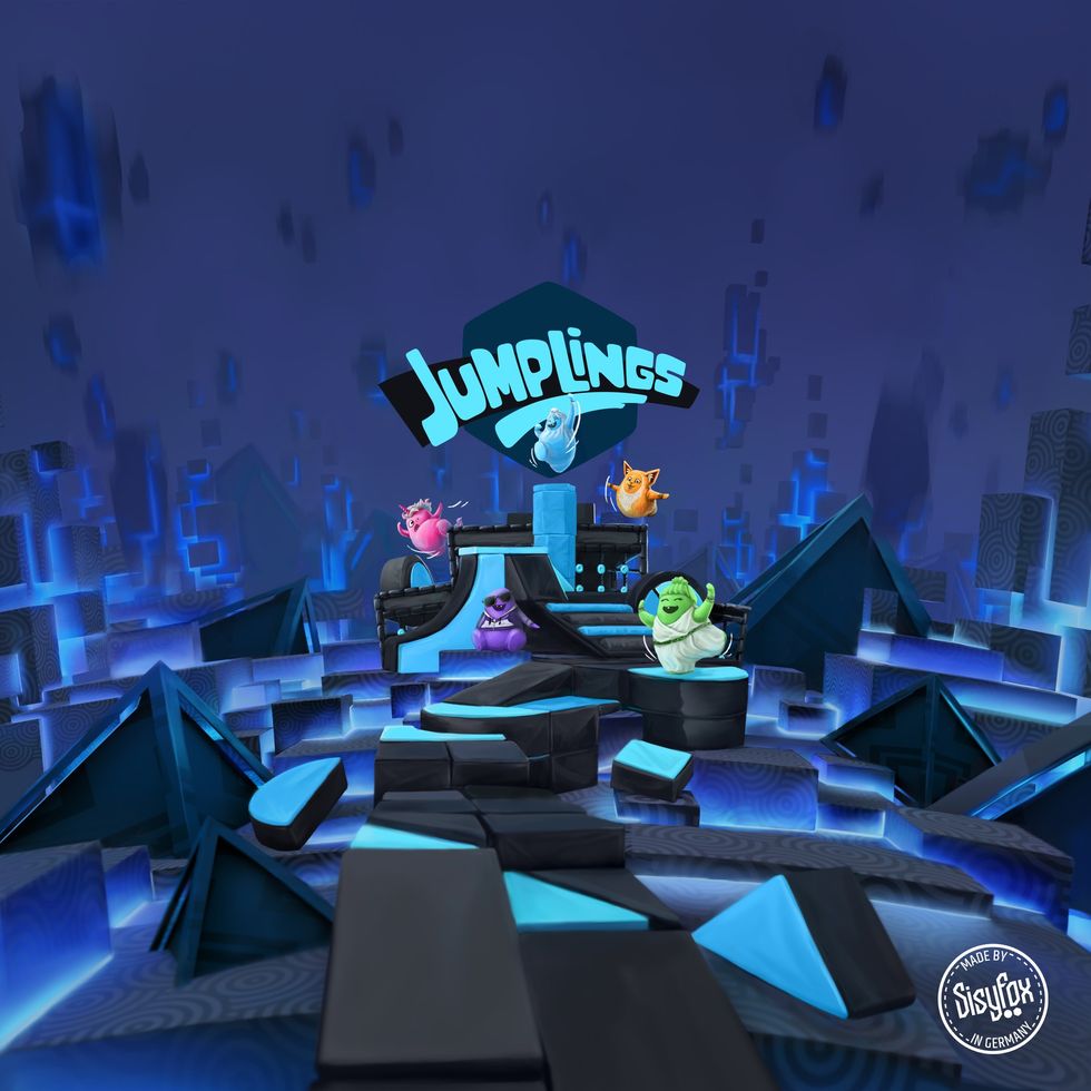 Colorful cartoon creatures on a geometric platform with "Jumplings" text above.