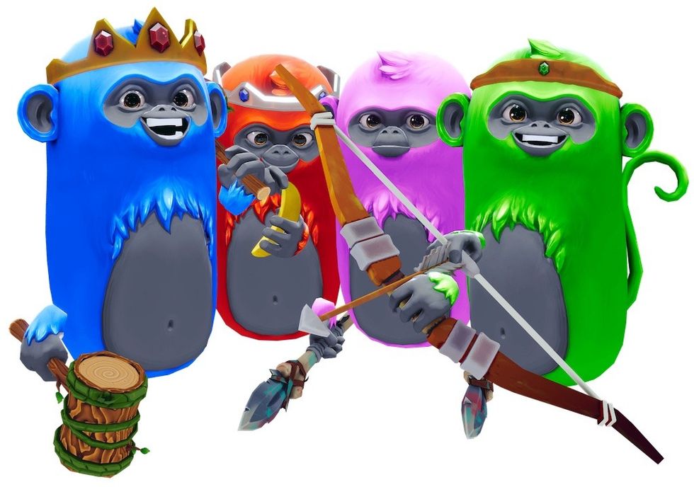 Colorful, cartoonish monkeys with weapons and accessories, posed together.