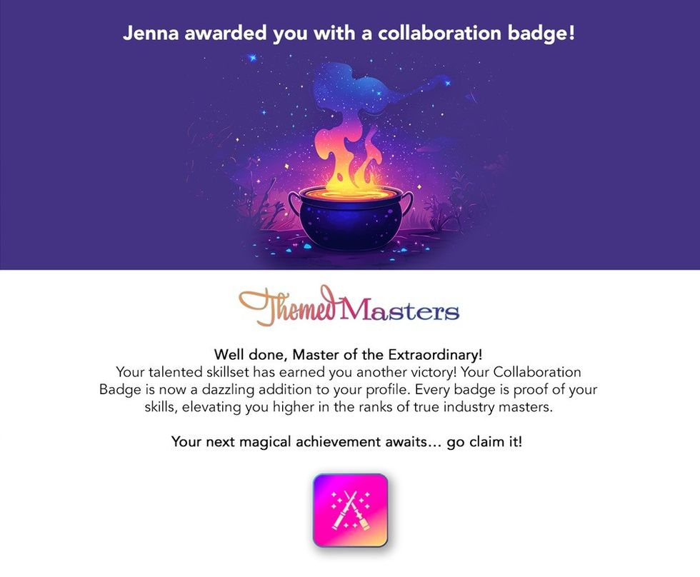 Colorful cauldron and text about receiving a collaboration badge on Themed Masters platform.