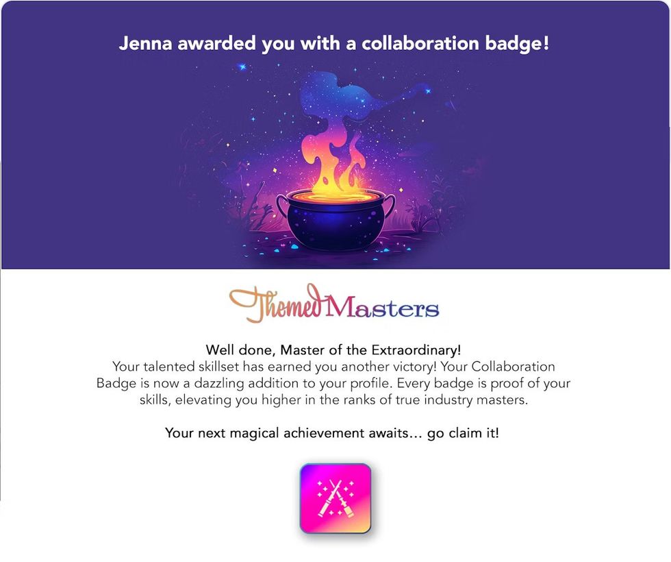 Colorful cauldron graphic with text about earning a collaboration badge from Themed Masters.
