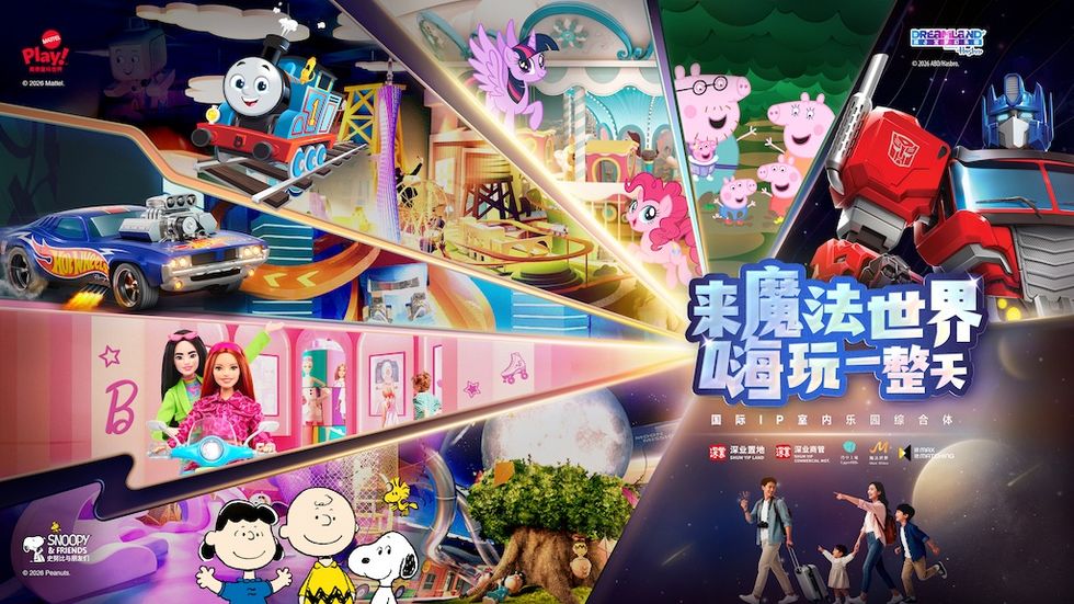 Colorful characters collage with text promoting a magical play world experience.