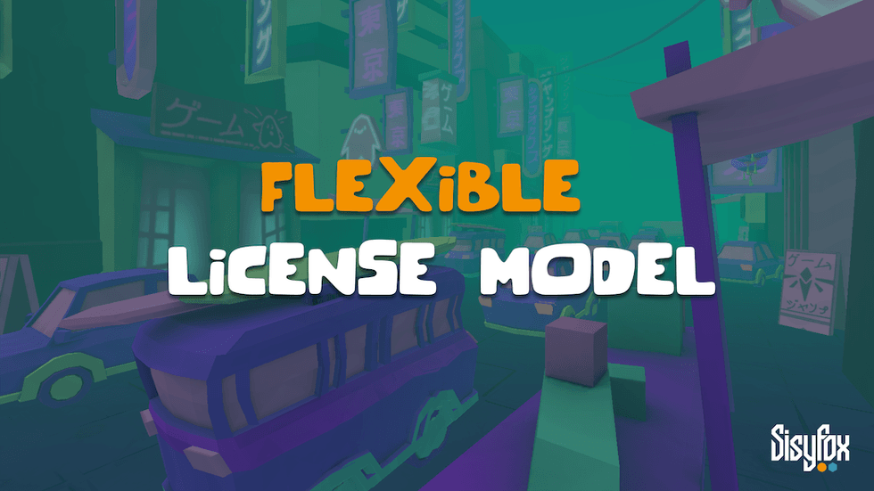 Colorful cityscape with text: "Flexible License Model." SisyFox logo in corner.