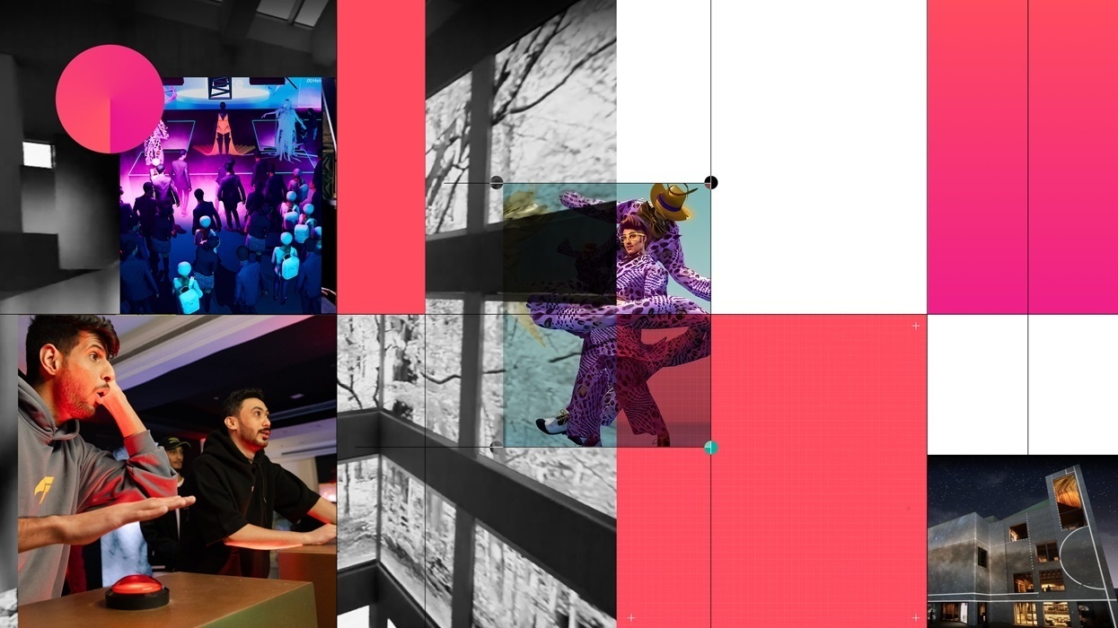 Colorful collage with people, events, and abstract designs depicting immersive experience design by Seeper.