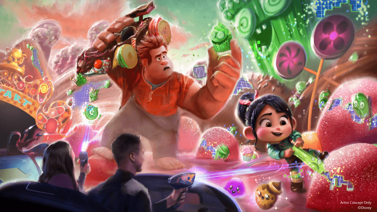 Colorful concept art shows Ralph and Vanellope in a candy-filled arcade world, with two viewers in the foreground.