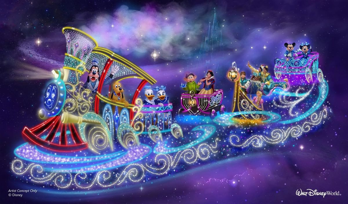 Colorful Disney character train in a sparkling, magical, cosmic setting.