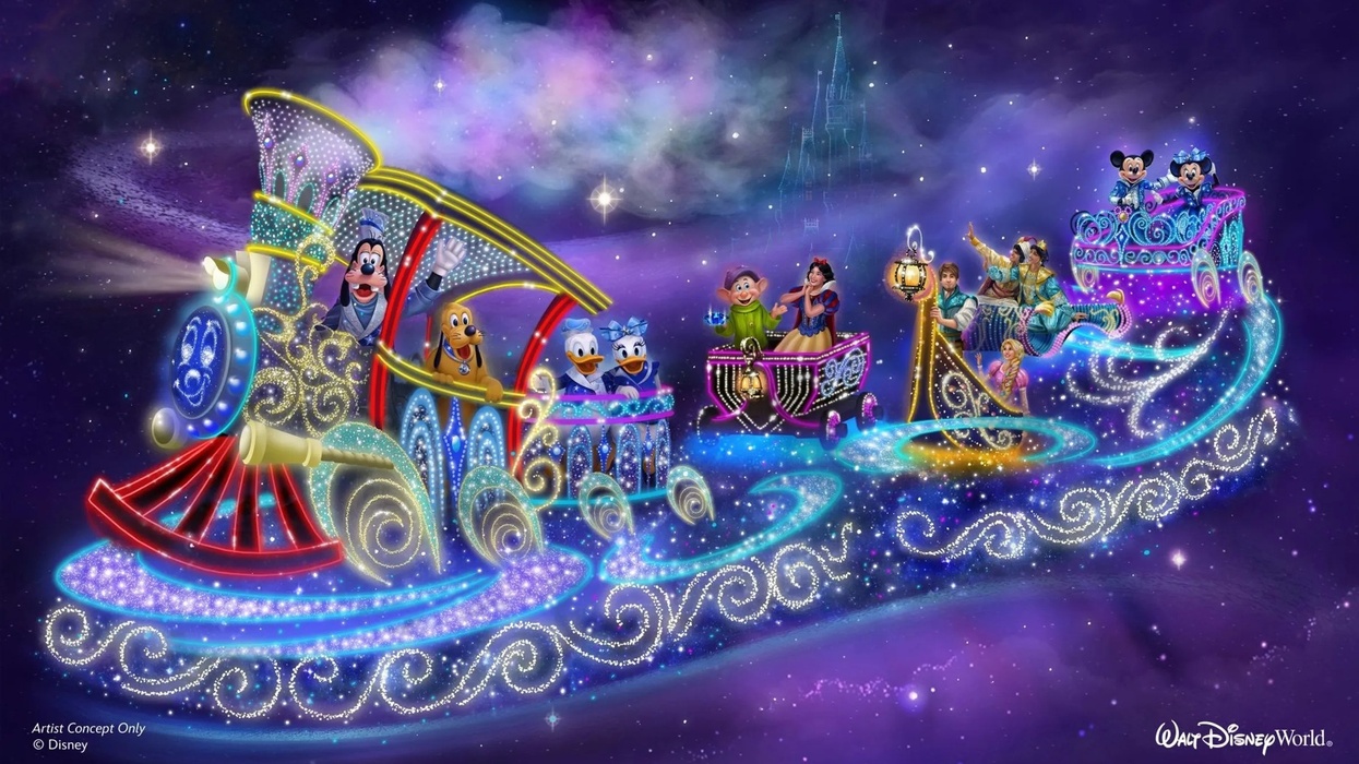 Colorful Disney character train in a sparkling, magical, cosmic setting.