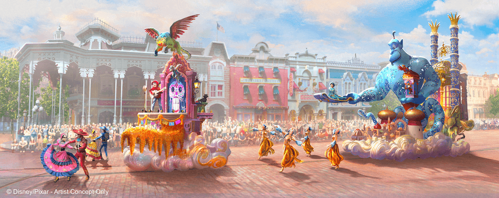 Colorful Disney parade with vibrant floats, dancers, and festive atmosphere on a sunny day.