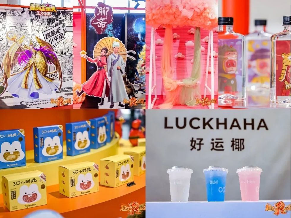 Colorful display of anime figures, toys, snacks, and drinks