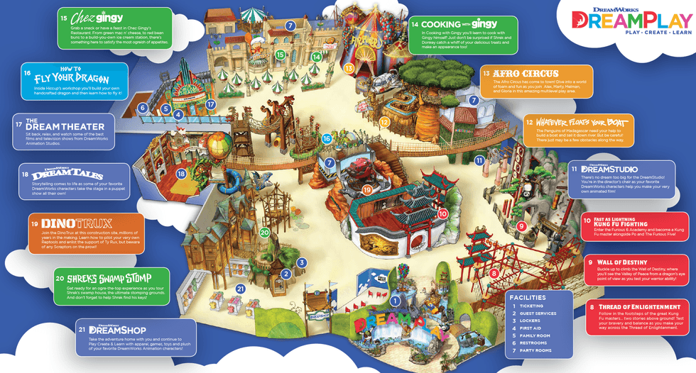 Colorful DreamWorks DreamPlay theme park map with attractions numbered 1 to 21.