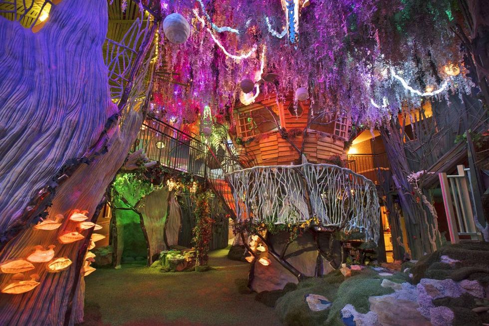 Colorful fantasy forest scene with glowing treehouses and vibrant lights, Meow Wolf