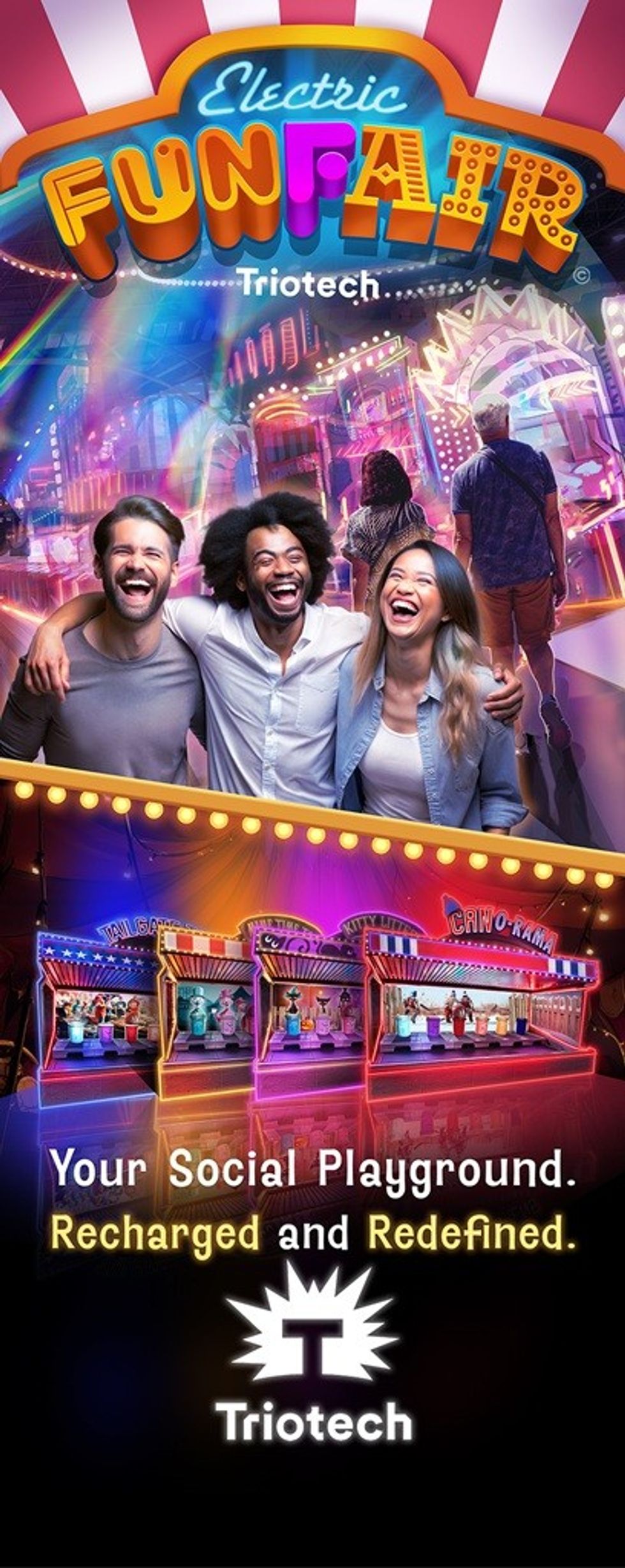 "Colorful funfair poster with happy friends and vibrant arcade games."
