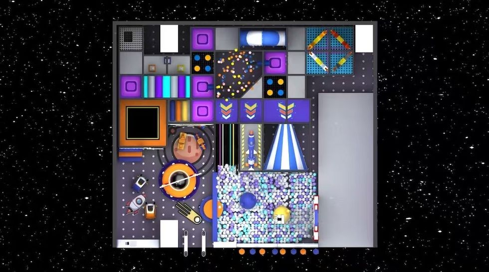 Colorful, futuristic room layout with a ball pit and various geometric patterns, set in space.