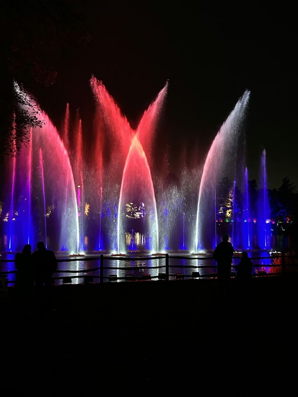 Colorful illuminated fountains at night with silhouetted people watching.