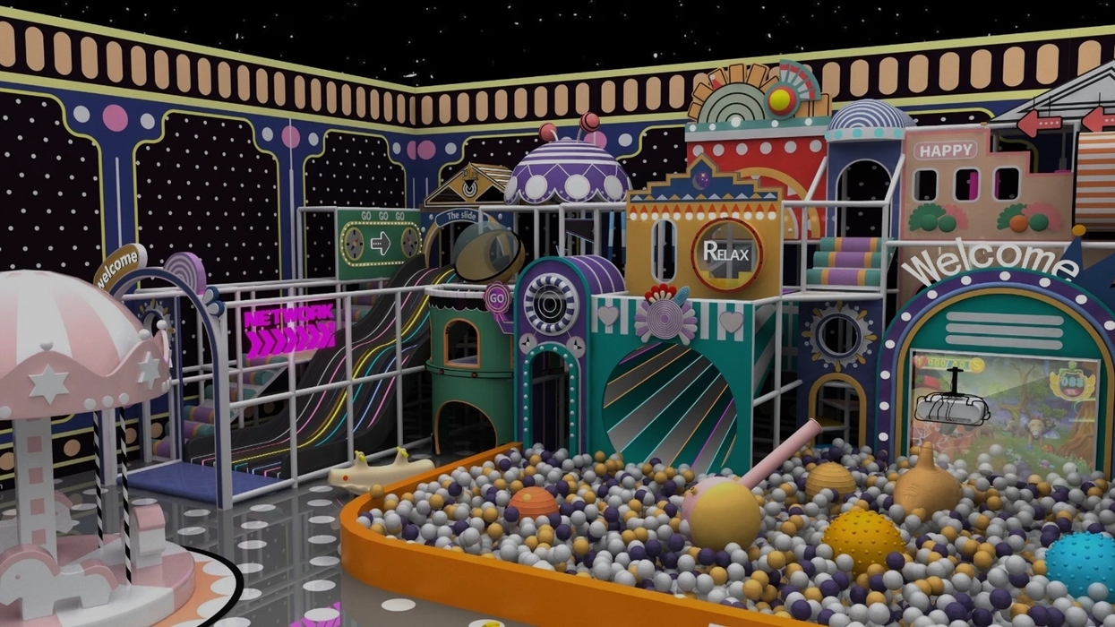 Colorful indoor playground with ball pit and whimsical structures. Dream Garden Indoor Play concept