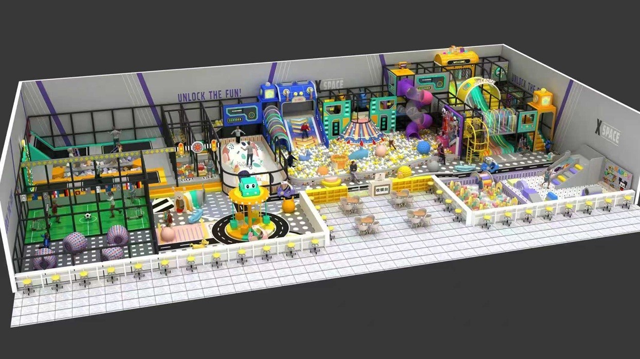 Colorful indoor playground with slides, ball pit, and climbing structures.