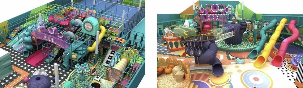 Colorful indoor playground with slides, tunnels, and climbing structures.