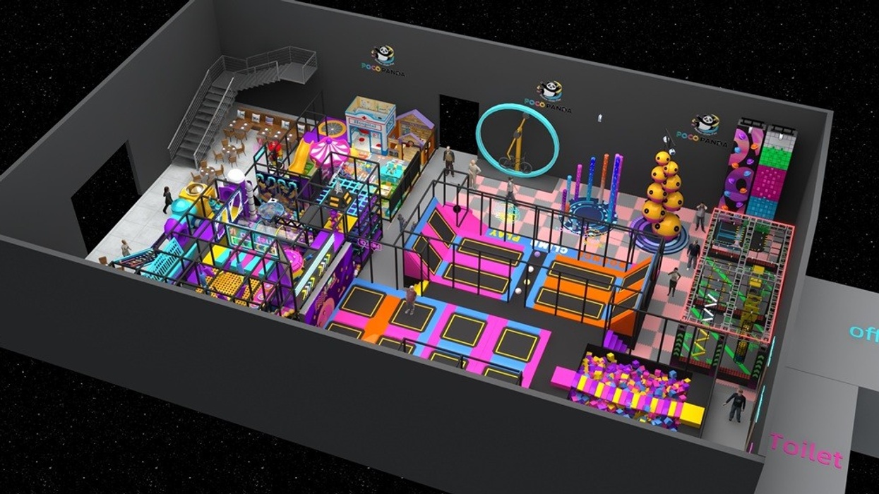 Colorful indoor playground with trampolines, slides, and climbing areas, viewed in 3D.