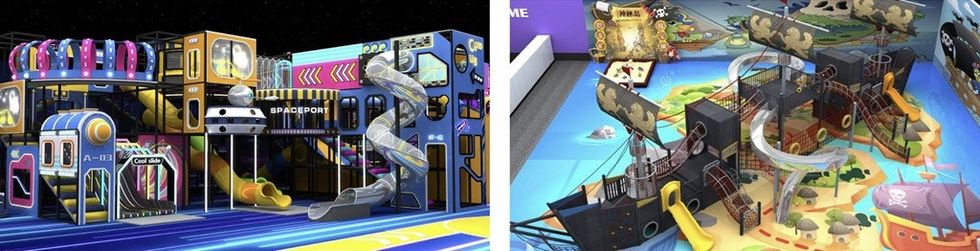 Colorful indoor playgrounds: space-themed left and pirate-themed right.