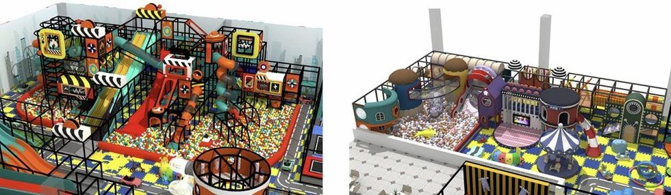 Colorful indoor playgrounds with ball pits, slides, and climbing structures.