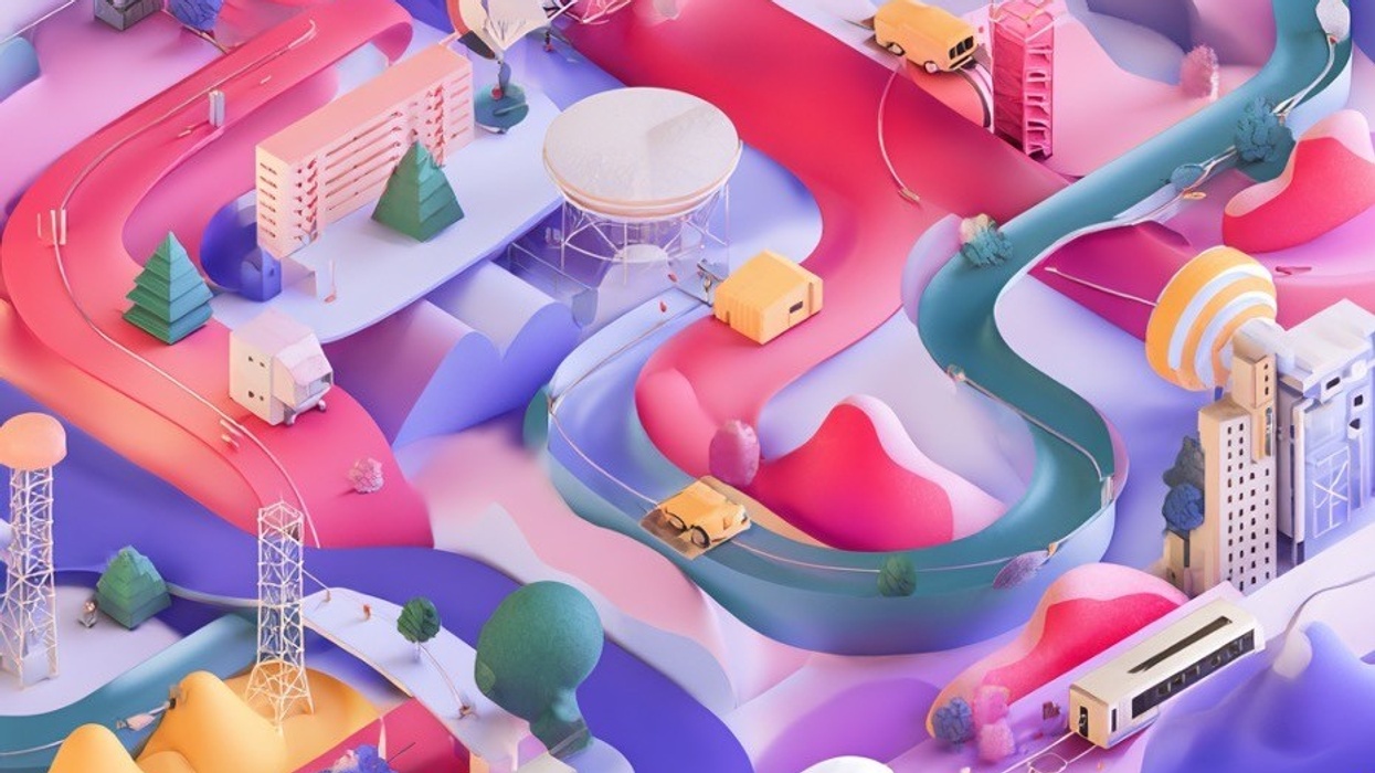 Colorful isometric cityscape with winding roads, vehicles, trees, and various buildings.