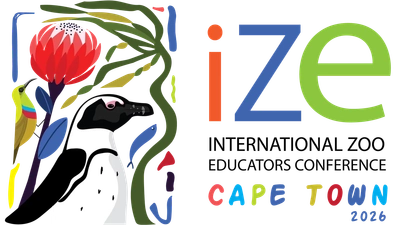 Colorful "IZE Conference 2026 in Cape Town" design with penguin, flower, and small bird.