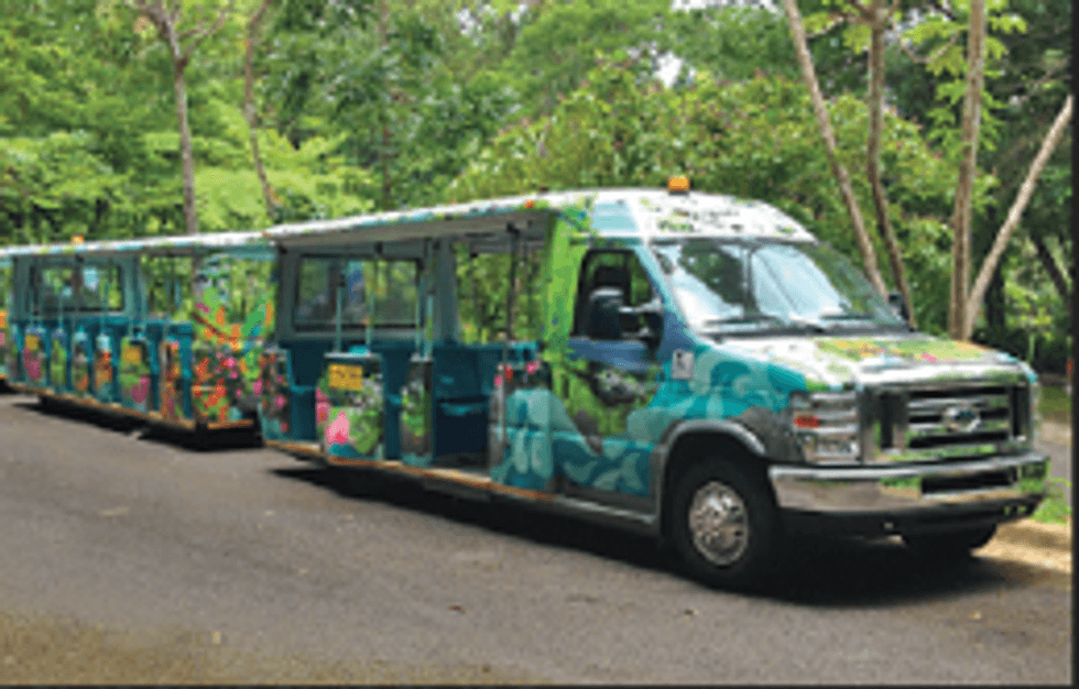 Colorful, jungle-themed tram on a forest road.