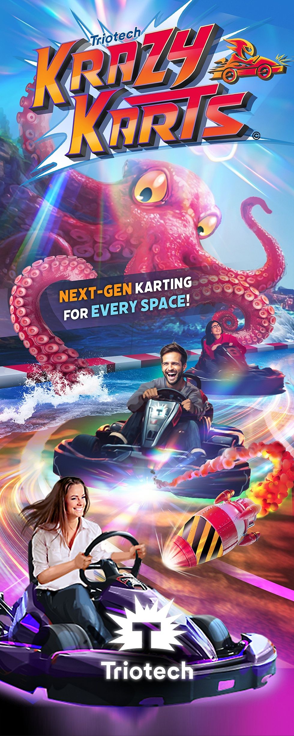 Colorful karting scene with racers, octopus, and rocket. Text: "Next-gen karting for every space!"
