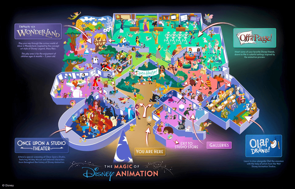 Colorful map of Disney animation attraction with directions and themed areas.
