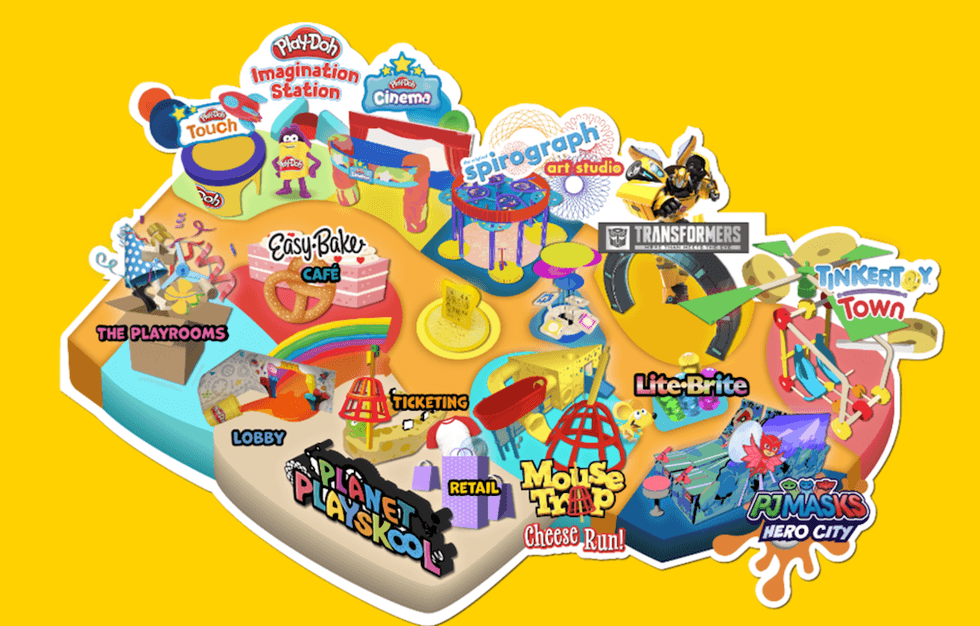 Colorful map of Play-Doh and toy-themed activities with a bright yellow background.