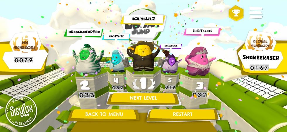 Colorful monster figures on podiums in a game with scores and buttons displayed.