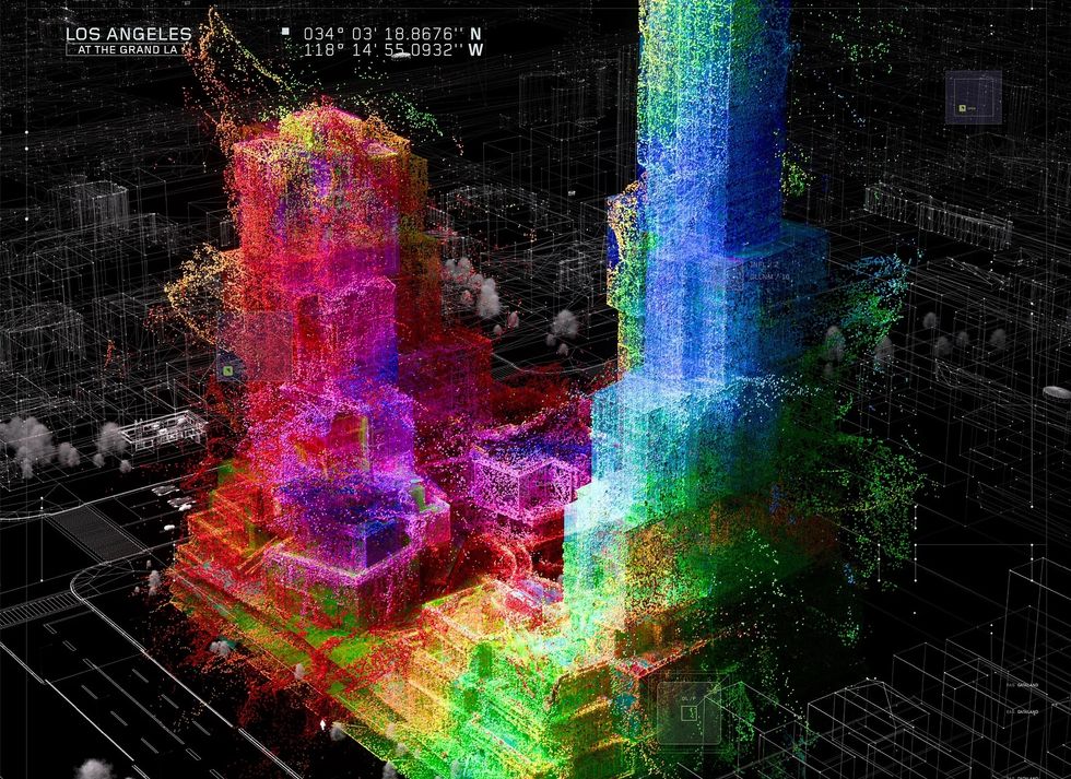 Colorful point cloud illustration of Dataland building in Los Angeles, coordinates displayed.