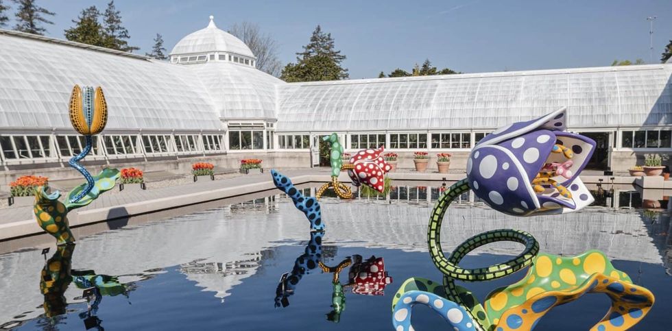 Colorful, polka-dotted flower sculptures reflected in a pond outside a greenhouse at the New York Botanical Garden