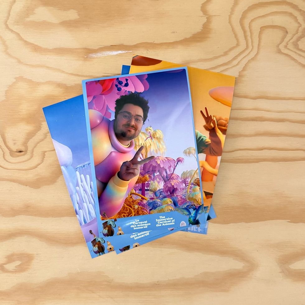 Colorful postcards featuring a person in a vibrant, surreal landscape.