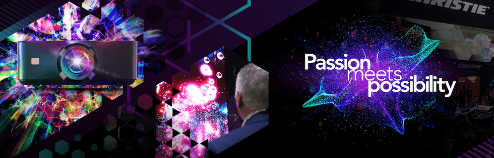 Colorful projector display with text: "Passion meets possibility."