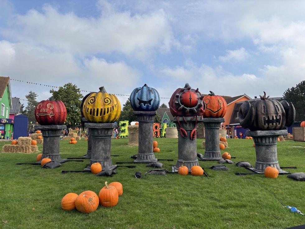 Colorful, pumpkin sculptures themed to Alton Towers Roller coasters
