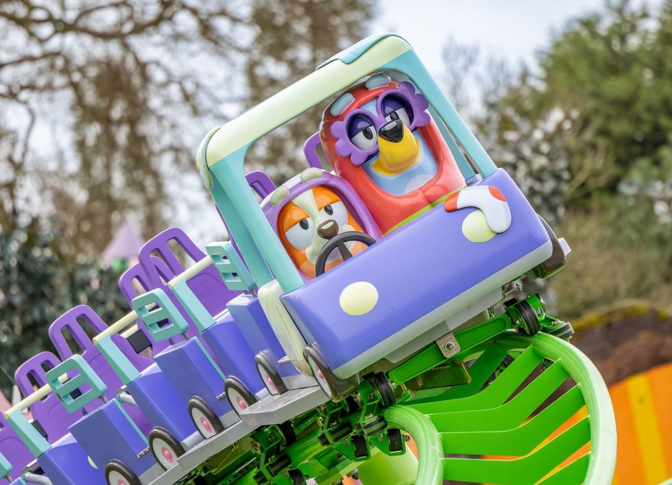 Colorful roller coaster with Bluey characters in the front seat.