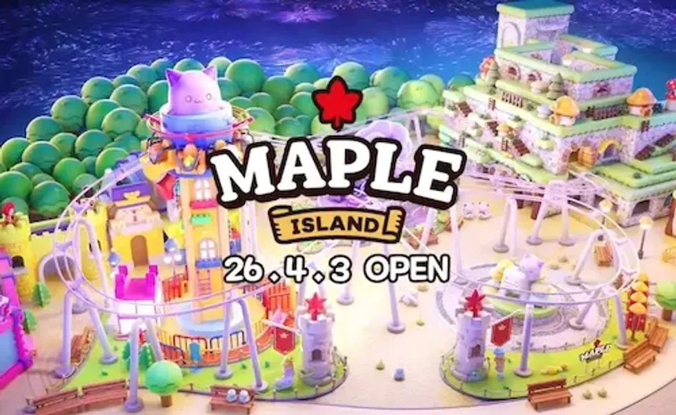 Colorful theme park with "Maple Island" text, opening date April 26, 2023.