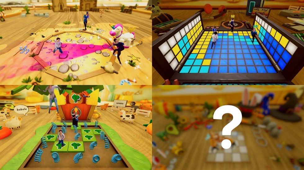Colorful virtual game boards with players and a mystery section marked with a question mark.