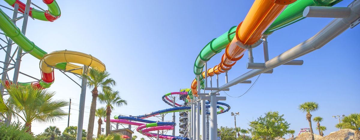 Colorful water slides with palm trees under a clear blue sky.