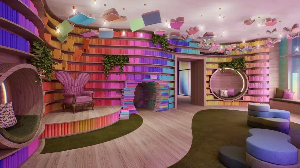 Colorful, whimsical library with curved bookshelves, cozy seating, and floating books on ceiling.