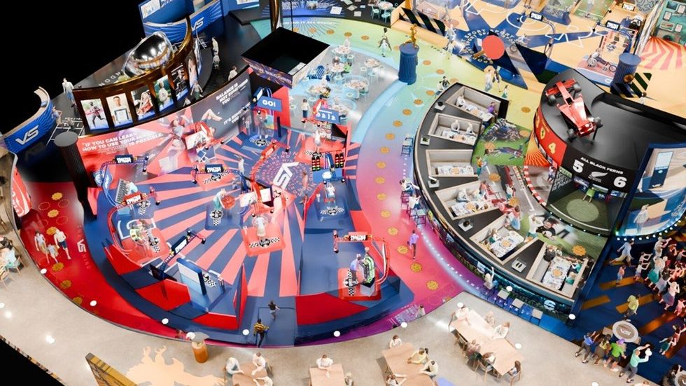 Colourful indoor exhibition space with interactive displays.