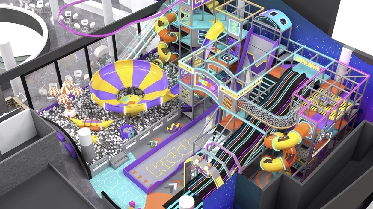 Colourful, KIDDO branded indoor playground with slides, tunnels, and a ball pit.