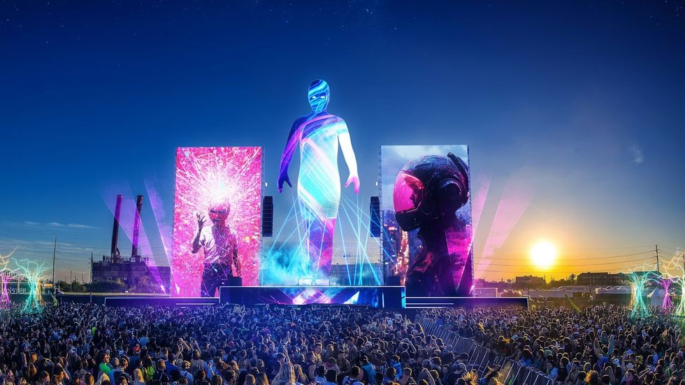 Concept art for a futuristic concert featuring The Giant, with holographic figures and vibrant visuals at sunset.