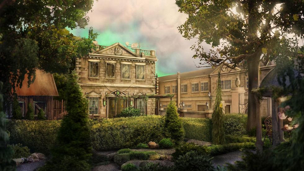 Concept art of an elegant mansion with lush garden and cloudy sky background