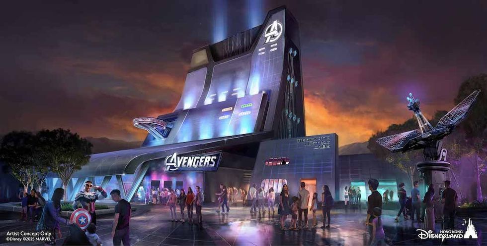 Concept art of Avengers building at Hong Kong Disneyland with people outside at sunset.